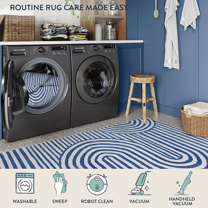 Lahome Modern Washable Area Rugs 5x7, Blue and White Rugs for Bedroom Ultra-Thin Non-Shedding, Abstract Living Room Rugs Stain Resistant Geometric Large Carpet for Kids Office Dorm Alba(5'X7',Blue)