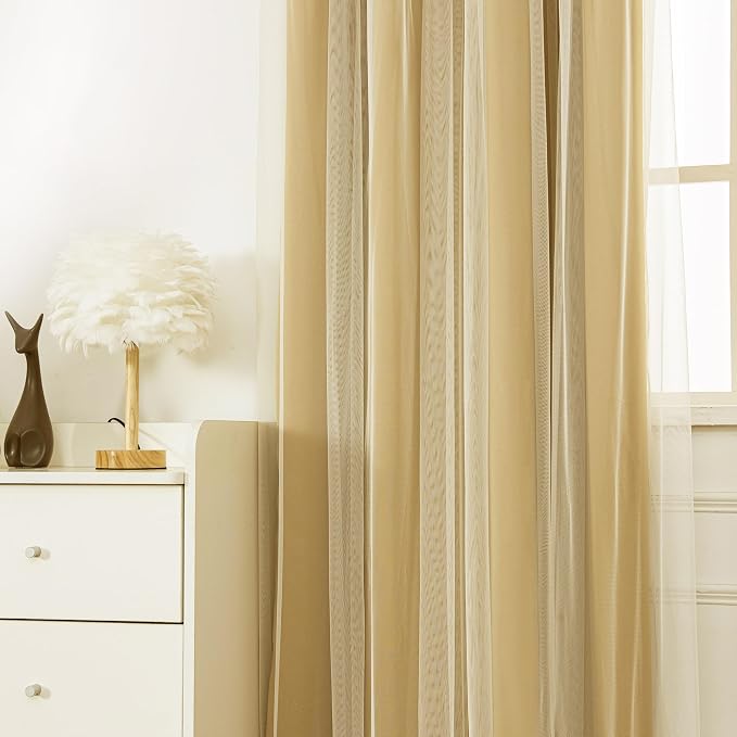 INLINAS Gold Blackout Curtains with Sheer Overlay - Grommet Top Thermal and Noise Reduction Panels for Bedroom and Living Room Light Blocking and Energy Saving, 52 x 63 Inches, Set of 2