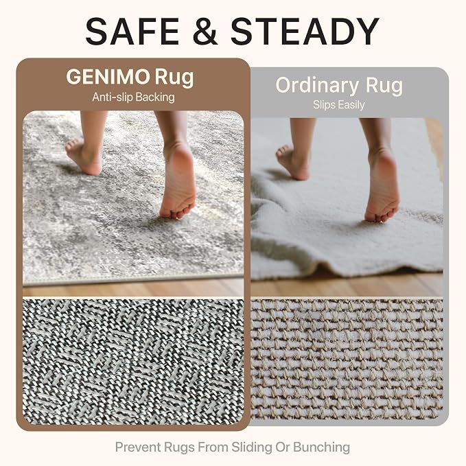 GENIMO Runner Rug Non Slip 2x6, Washable Rug Runner for Hallways Kitchen, Abstract Modern Kitchen Rugs, Low Pile Lightweight Carpet Runners for Entryway, Bedroom, Laundry, Grey Beige