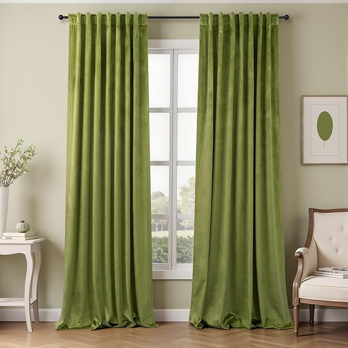 Chartreuse Moss Green Velvet Curtains for Bedroom 96 Inches Long 2 Panels Maximalism Quirky Eclectic Vintage Bold Light Blocking Soundproof Thermal Drape for Living Room Mid Century Modern Psychedelic
