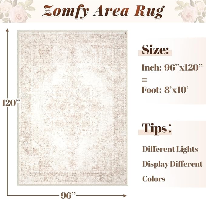 Area Rug 8x10 Vintage Rug: Large Washable Indoor Medallion Rugs Low Pile Distressed Floor Carpet Retro Accent Rug for Living Room Bedroom Kitchen Dining Table Home Office(Retro Beige, 8'x10')
