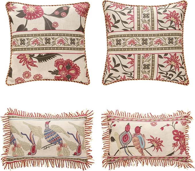 patdrea Designer Vintage Linen Throw Pillow Cover,Set of 4-Schumacher | Elegant Decorative Pillow Case,Bird Pattern with Tassel Pendant,Cushion Coverfor Couch Living Room Bedroom Sofa
