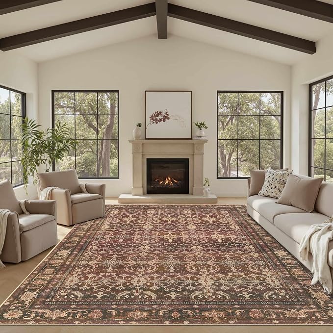 Rugxara Red 8x10 Area Rugs for Living Room Bedroom Large Washable Rug | Non Slip, Rug for Dining Room Office Kids Room, Stain Resistant, Soft, Low Pile, Vintage Boho Oriental Carpet,Home Decor