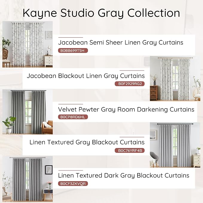 Kayne Studio Botanical Print Semi Sheer Curtains, Linen Grey Floral Leaf Farmhouse Curtains for Bedroom Living Room, Linen Curtain Light Filtering Drapes, Rod Pocket Back Tab,52"x95",2 Panels