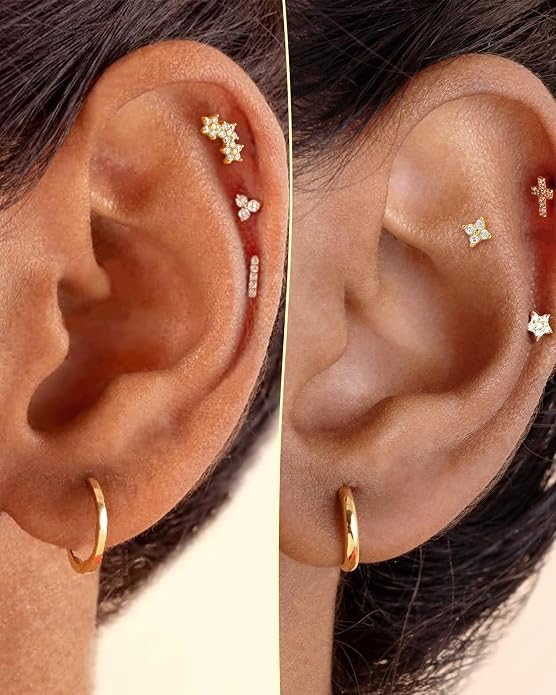 COCHARM 14K Gold Plated Flat Back Cartilage Earrings Stud, 925 Sterling Silver Helix Earrings Stud, 16G Internally Thread Tragus Piercing Jewelry
