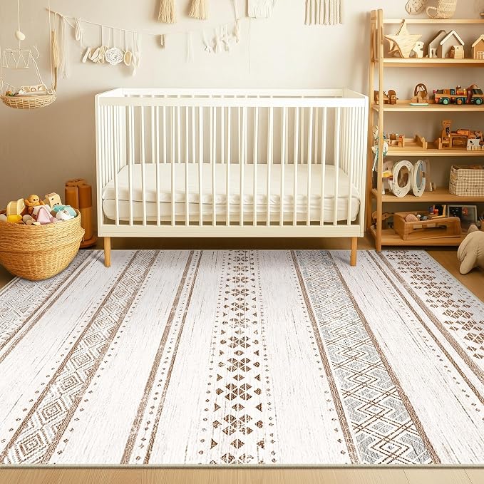 BESTSWEETIE 8x10 Area Rugs for Living Room Washable Moroccan Farmhouse Neutral Geometric Low Pile Non-Slip Soft Print Pattern Rug for Bedroom Kitchen Dining Room Entryway Cream/Brown/Pink