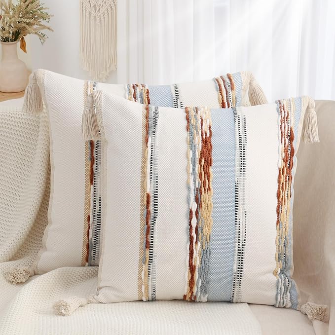 Simmore Fall Boho Decorative Blue Throw Pillow Covers 18X18 Set of 2 | Tufted Accent Modern Farmhouse Neutral Pillow Covers with Tassels for Cozy Bohemian Couch Sofa Bedroom Home Decor