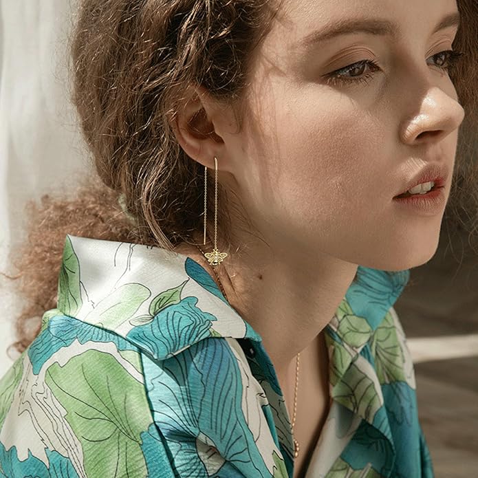 Sterling Silver 18K Gold Plated Bee Threader Dangle Earrings - Bumble Bee Pull Through Chain Jewelry Gifts for Women
