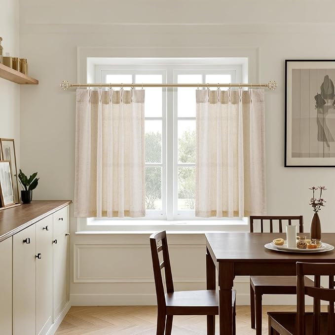 Aersas Short Natural Pinch Pleated Linen Kitchen Curtains 24 Inch Length 2 Panels Set Farmhouse Cafe Light Filtering Small Half Window Drapes for Bathroom Laundry Room RV 26x24