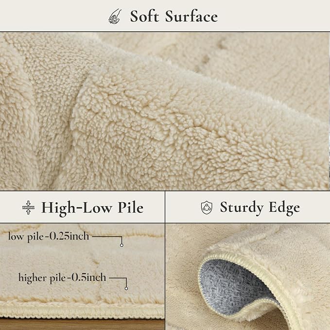 GENIMO Soft Washable Area Rugs 5x7, 3D Modern Tile Design Rugs for Living Room, High-Low Pile Textured Non Slip Fuzzy Shag Carpet, Non-Shedding Stain Resistant Beige Carpet for Bedroom, Dining Room