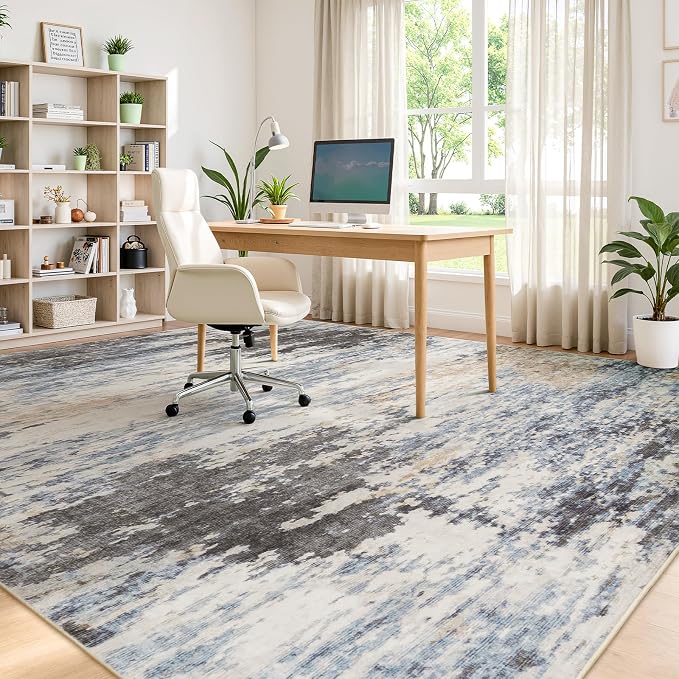 Lofus 9x12 Area Rug for Living Room, Abstract Large Rugs with Non-Slip Backing, Neutral Modern Washable Carpet for Bedroom Dining Room Home Office Nursery Indoor,Dark Grey/Blue