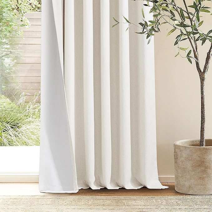 Natural 100% Blackout Pinch Pleated Linen Curtains 63 Inch Long with Liner | Memory Trained, Thermal Insulated, Heat Blocking, Black Out Cream Ivory Curtains for Small Window Bedroom 2 Panels W40xL63