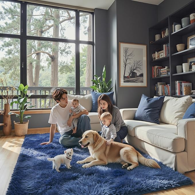 Fluffy Rug Shag Area Rug,Royal Blue 3x5 Area Rugs for Bedroom | Non-Slip Small Soft Bedside Rug for Entryway,Living Room and Home Office