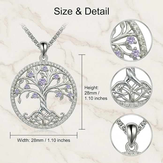 ONEFINITY Tree of Life Necklace 18k White Gold Plated Tree of Life Birthstone Pendant Necklace Birthstone Jewelry Anniversary Birthday Gifts for Women Men