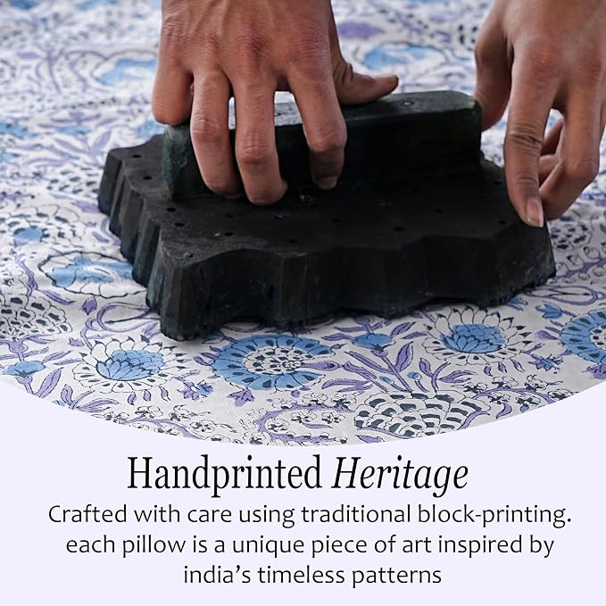 CPC Indigo Blue 100% Cotton Block Print Ruffle Pillow Cover 16X16 inch, Handmade Boho Floral Pillowcase, Farmhouse Cottagecore Bedding, Soft Decorative Cushion Cover for Bedroom Décor
