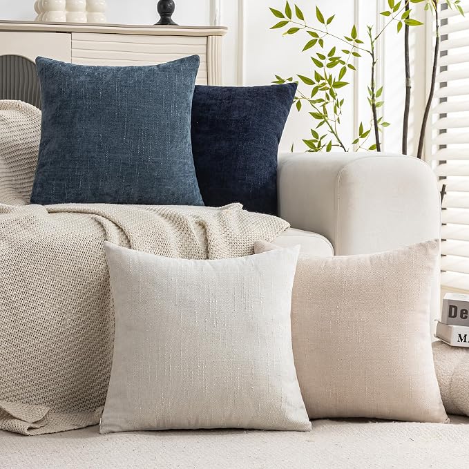 Set of 4 Soft Textured Decorative Throw Pillow Covers 16x16 Inch Cozy Farmhouse Cushion Cover Square Accent Pillow Cases for Bed Couch Sofa Living Room, Beige White Blue