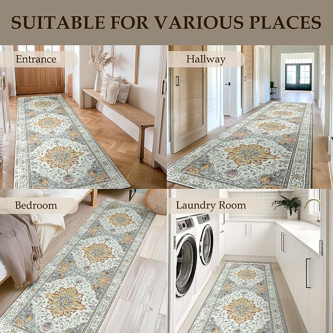 RELEANY Area Rugs Runner 2'x8' Washable Non-Slip, Floral Vintage Distress Medallion Carpet for Kitchen Hallway Bedroom Beside Laundry Room Bathroom, Beige Carbon Grey Orange