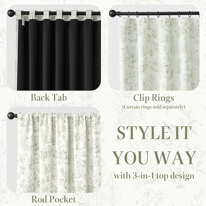 jinchan Green Blackout Curtains 72 Inch Whimsical Back Tab 2 Panels | Room darkening,nursery kids bedroom,privacy,whimsical,cottagecore,bunny pattern,botanical,nature-inspired decor