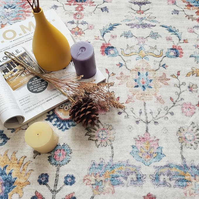 Mandala - Indoor Area Rugs 4x6 Washable, Stain Resistant Machine Washable Rugs for Living Room, Bedroom, and Modern House Décor - Durable Polyester Material, Colorful Patterned - Cream & Multi