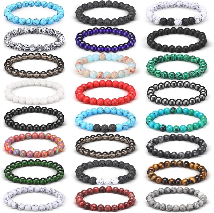 Landical 24 Pcs Gemstones Beaded Bracelets Bulk for Women Men 8mm Stretch Round Semi Precious Stone Bracelets Set