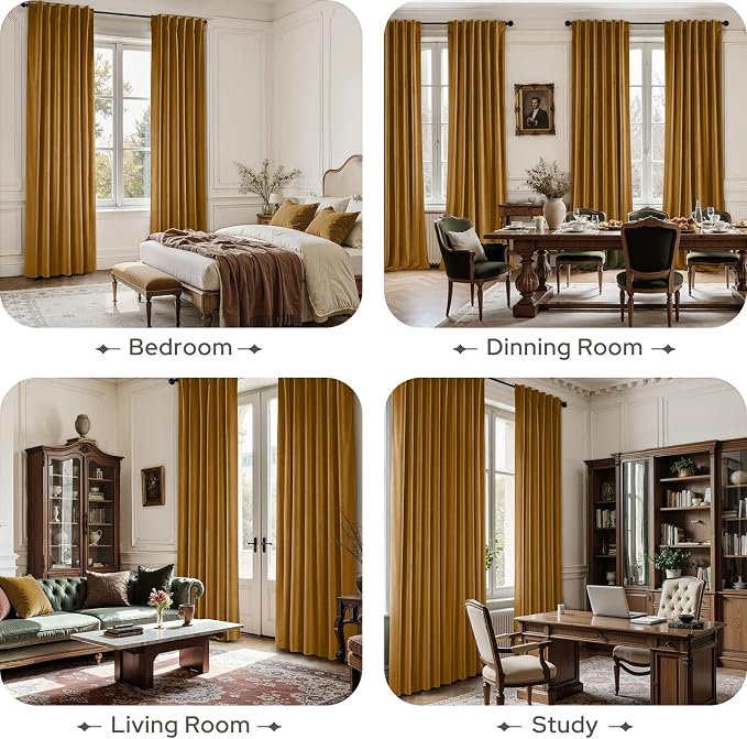 HOMEIDEAS 100% Blackout Gold Velvet Curtains, Thermal Insulated Luxury Vintage Winter Christmas Velvet Drapes for Bedroom, Living Room, Home Decor, 52 x 96 Inch, 2 Panels