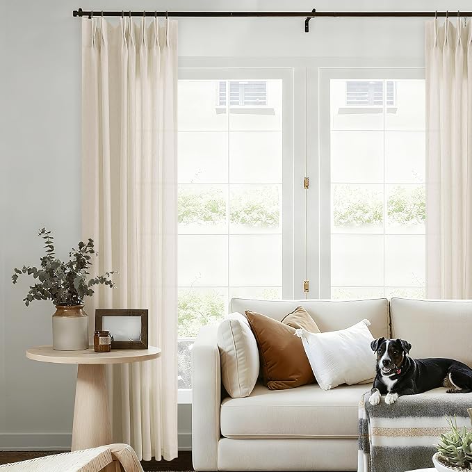 Pinch Pleated 105 Inch Linen Curtains with Hooks Rings Back Tab Sand | for Light Filtering Semi Sheer, Custom, Memory Shape, Pleat Drape, for Living Dining Room, Farmhouse, 105 Inch, 1 Panel