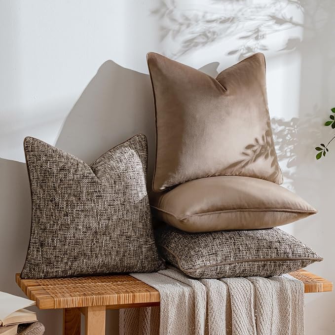 a moment Brown 4 Pack Throw Pillow Covers - Chenille & Velvet Set with Piping, Farmhouse Textured Design Pillow Cases for Couch Sofa Bed Livingroom (20x20 Inch, No Insert)