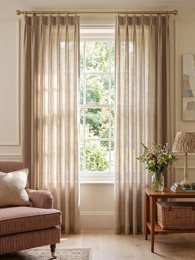 THREE GIRLS Pinch Pleated Linen Curtains 84 Inch Length 2 Panels, Light Filtering Linen Blend Drapes 40" W x 84" L, Taupe Grey Neutral Curtains for Living Room Bedroom with Hooks