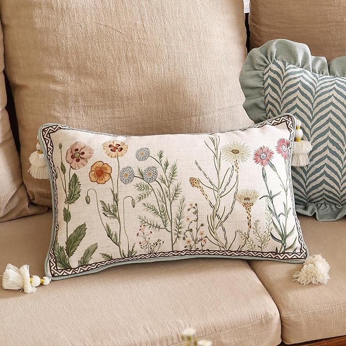ISAENNE Designer Linen Throw Pillow Cover,Set of 2,20"x12"-Serenity D | French Elegant Rectangle Decor Pillow Cover,Concealed Zipper Design,Light Beige,Sofa,Bedroom,Living Room,Chairs