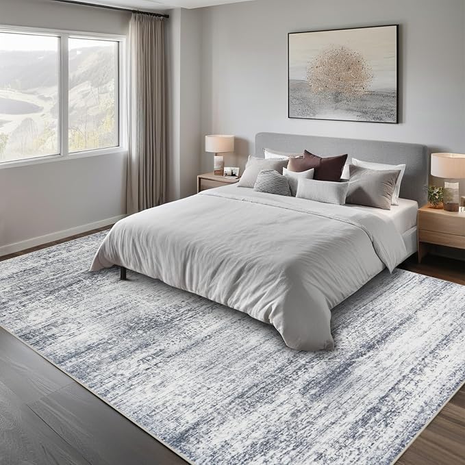 Srugn Washable Rugs 8x10 Area Rugs for Living Room,Rugs for Bedroom,Large Carpets,Ultra Soft Faux Wool Retro Dining Room Rug,Non Slip&Non-Shedding Low Pile Vintage Print Rug for Home Office-Grey Cream