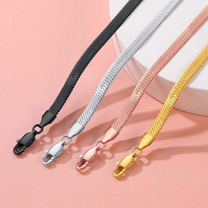 FindChic Elegant Herringbone Snake Chain Anklets/Bracelets 3MM/5MM Width Stainless Steel/18K Gold/Rose Gold Plated/Black 4 Color Options, 8.3'' 8.5'' 10.5'' Length, with Gift Box