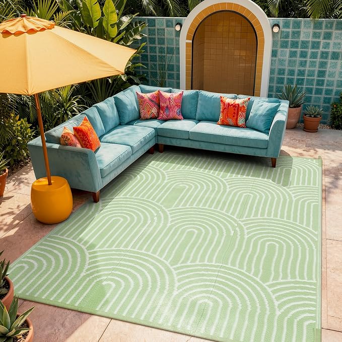 Lahome Large Outdoor Rugs for Patio 9x12,Rv Rugs for Outsides Camper Waterproof, Portable Plastic Straw Proch Carpet for Backyard Under Awning(Green,9'x12')