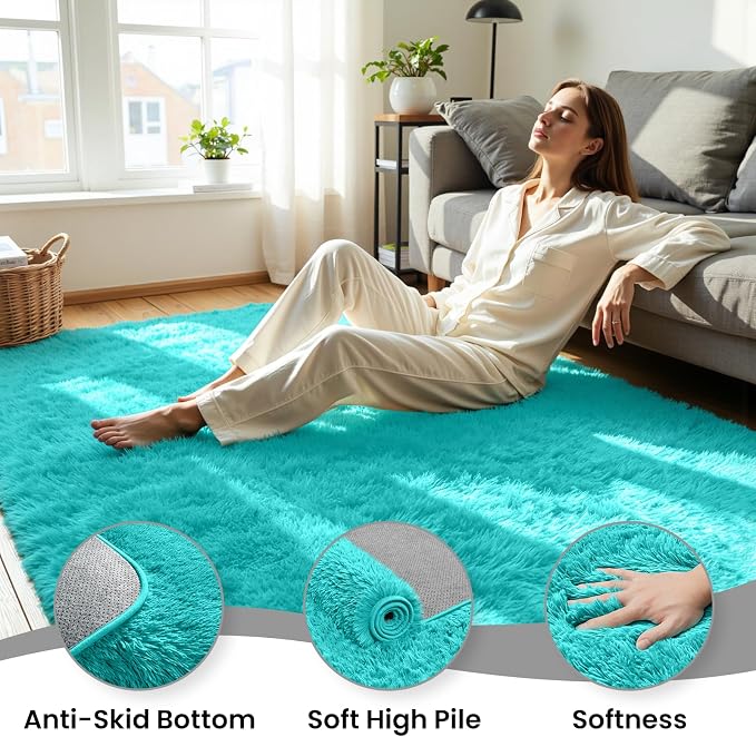 6x9 Area Rug for Living Room, Ultra Soft Fluffy Turquoise Rugs for Bedroom, Non Slip Large Shag Carpet, Fuzzy Plush Nursery Rug, Thick Washable Indoor Floor Carpets for Kids Office Dorm Home Decor
