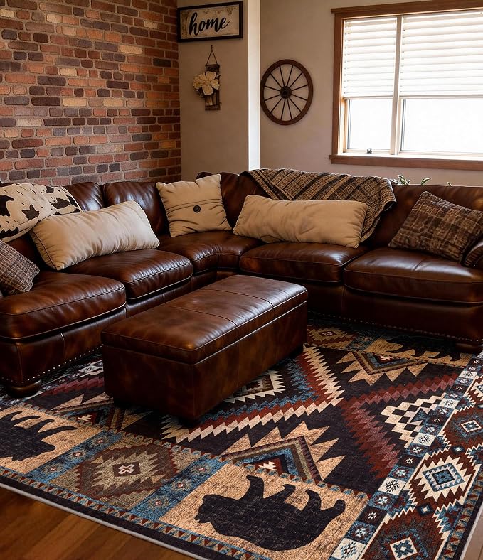 YIHOUSE Rustic Cabin Area Rug for Bedroom 6x9,Machine Washable Lodge Bear Rug,Non-Slip Low Pile Print Pattern Western Rug for Living Room