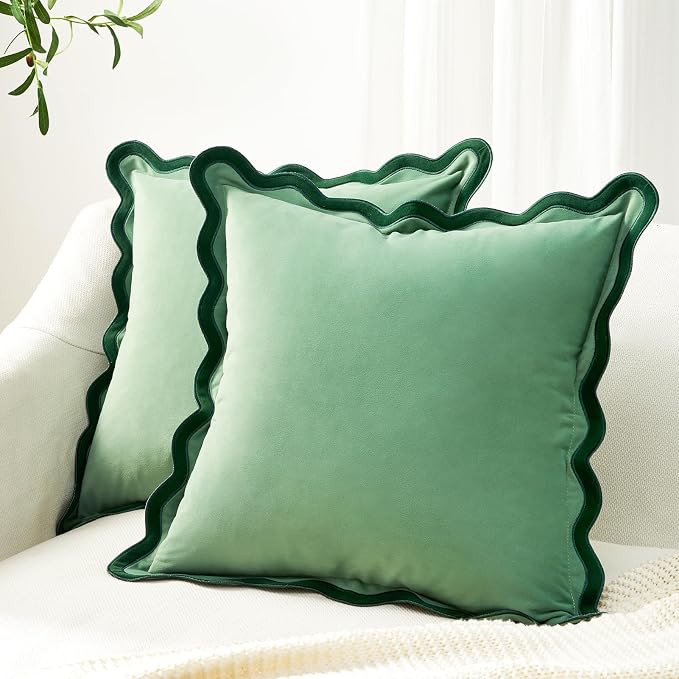 MONDAY MOOSE Decorative Throw Pillow Covers Cushion Cases, Set of 2 Soft Velvet Scalloped Wavy Edge Designs, Mix and Match for Home Decor, Pillow Inserts Not Included (16x16 inch, Green/Light Green)