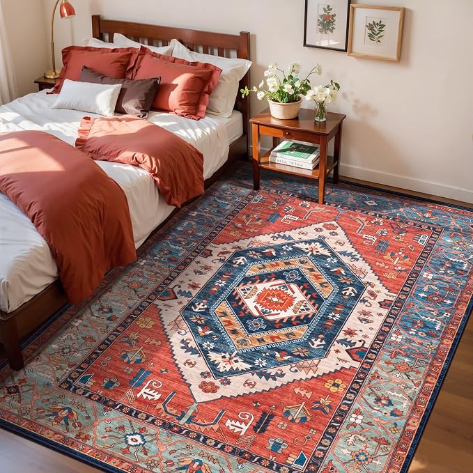 SERISSA Area Rug 3x5 Boho Rugs for Bedroom, Washable Non-Slip Kitchen Rugs, Ultra Soft Print Distressed Tribal Rust Rug Low-Pile Throw Rug Carpet for Entry Bedroom Nursery Living Room Dorm Decor
