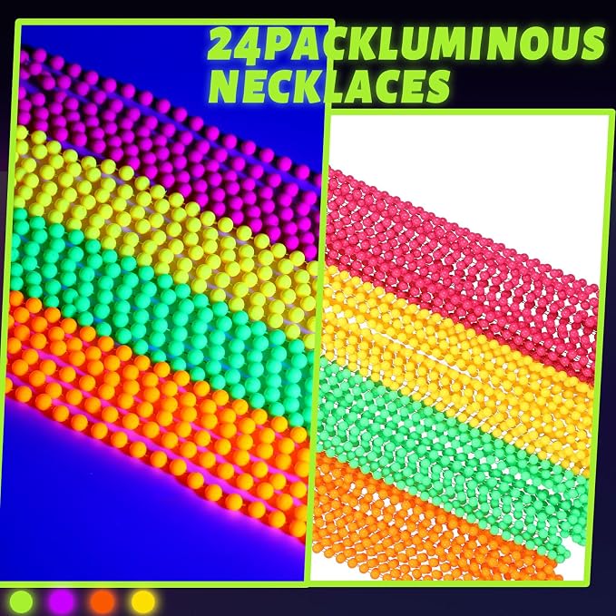 Ecally 24 Pieces Neon Beads Necklaces 33" Glow in The Dark UV Neon Bead Necklaces Glow Party Supplies 80s UV Black Light Accessories Bulk for Birthday Decorations Wedding Mardi Gras Party