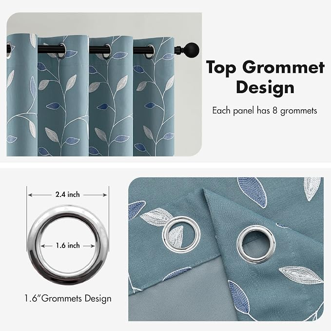MIULEE Dusty Blue Double Layer Curtains 96 Inches Long, Leaf Patterned Sheer Floral Drapes and Blackout Room Darkening Window Curtains for Living Room Bedroom, Grommets Top, 52" W x 96" L, 2 Panels