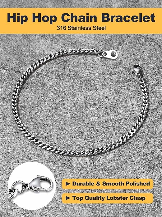 U7 Link Bracelets for Men, Cuban Link/Rope/Watch Band Solid Bracelet, Silver Black Gold Color Wrist Bracelet 3/6/9/12/15mm Width, 6.5/7.5/8.3 Inch Length, Hand Chain Jewelry for Mens Women