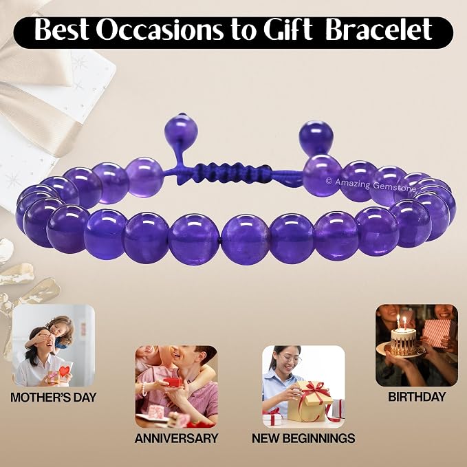 Amazing Gemstone Amethyst Bracelet for Women Men's Gifts - Protection Healing Crystal Bracelet - 8mm Gemstone Beaded Adjustable Bracelet Pulseras para Hombres Mujer Stocking Stuffers
