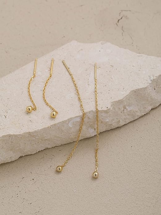 S.Leaf Threader Earrings for Women 925 Sterling Silver Gold Plated Hypoallergenic Backless Ardant Chain Duster Tassel Drop Double Piercing Pull Through Earrings for Women Trendy