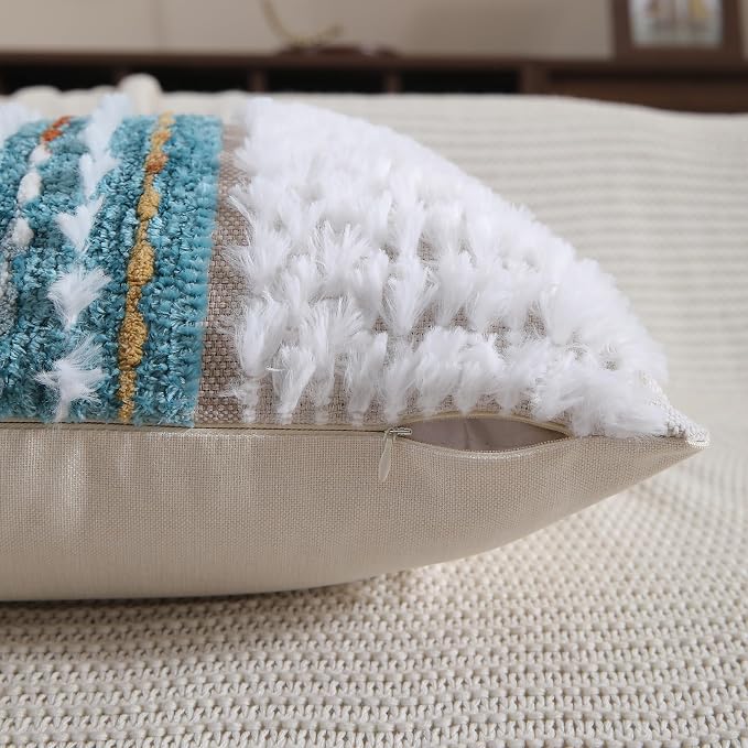 Boho Throw pillow covers 18x18 set of 2 farmhouse decorative Couch pillow covers neutral Accent throw pillows covers striped outdoor cushion covers square textured chenille pillow cases for sofa bed