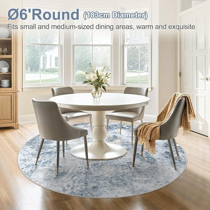 DMOYEST 6ft Round Area Rug for Living Room - 6x6 Washable & Non Slip Circle Rug, Kid & Pet Friendly Soft Low Pile Abstract Carpet for Bedroom and Dining Room - Blue