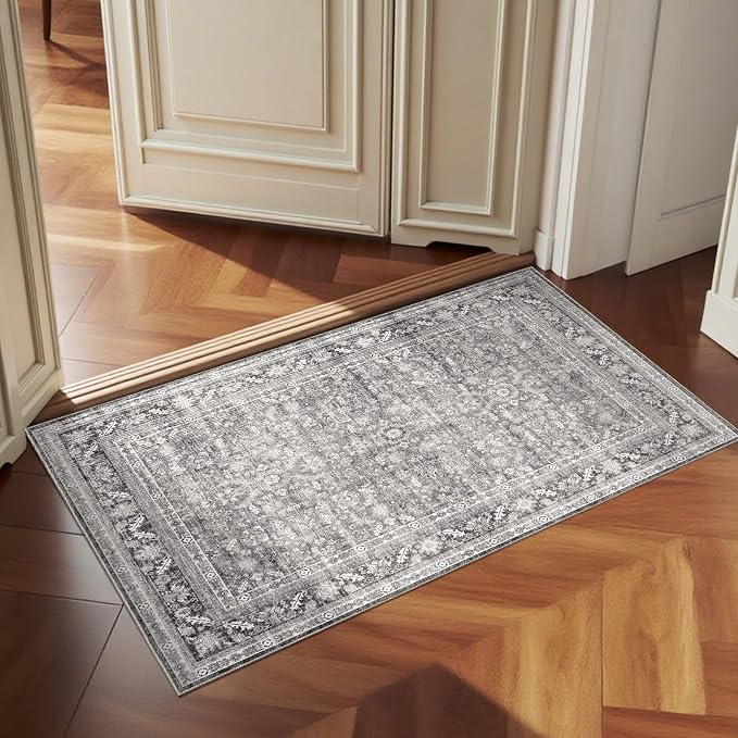 OPPODREAM Vintage Grey 2x3 Washable Rug, 2 x 3 Retro Door Mat Indoor Entrance Non Slip, Low-Pile Faux Wool Throw Carpet, Distressed Gray Floor Mat for Kitchen, Hallway, Entry-Way, Back Door