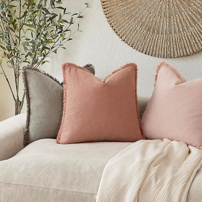 Foindtower Set of 2 Decorative Linen Fringe Throw Pillow Covers Cozy Boho Farmhouse Cushion Cover with Tassels Soft Accent Pillowcase for Couch Sofa Bed Living Room Home Decor,18×18 Inch,Coral Pink