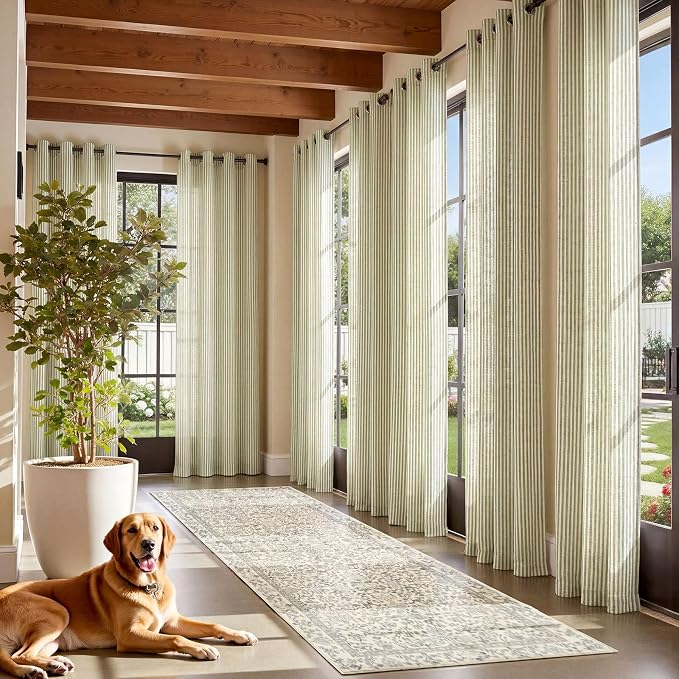 jinchan Linen Curtains 90 inch Sage Green Stripe on Beige Grommet 2 Panels | Curtains for Living Room Bedroom,Ticking Stripe Pattern,Pinstripe Farmhouse Rustic,Window Treatment,Light Filtering
