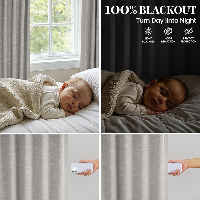 Topfinel Grey Beige Back Tab 95 Inch Blackout Curtains for Bedroom, Rustic Linen Blend Viral Blackout Window Drapes with White Liner Cottagecore Living Room Home Office Curtain 52" W*95" L