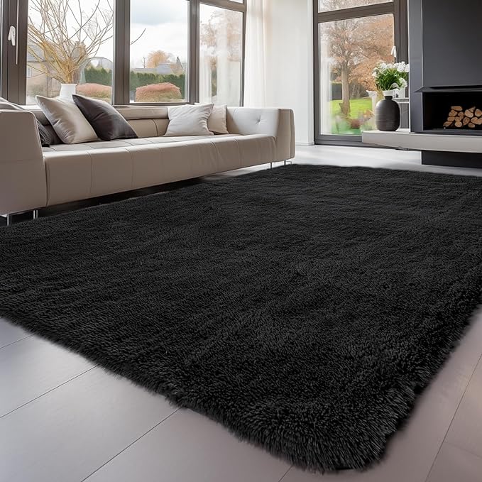 Sour Lemon Area Rugs 9x12 Living Room Bedroom, Large Fluffy Shag Black | Shaggy Carpet, Soft Plush Furry Bedside Rugs, Anti Slip, Washable Area Modern Rugs Floor Mat for Kids Girls Boys Living Room