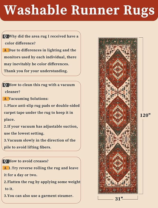 SERISSA Runner Rug for Hallways, 2'6"x10' Washable Non Slip Kitchen Runner Rug, Long Boho Rug Vintage Terracotta Green Hallway Stair Ultra Soft Print Floor Carpet for Bedroom Bathroom Laundry Room