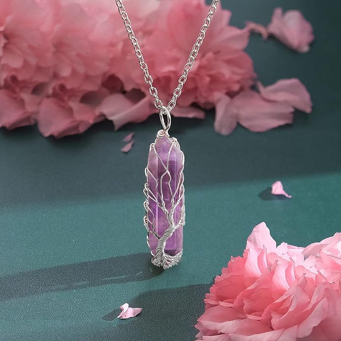 VIBILIA Healing Crystal Necklace Tree of Life Wire Wrapped Natural Stone Point Pendant Necklace Hexagonal Reiki Spiritual Quartz Gemstone Jewelry for Women Men